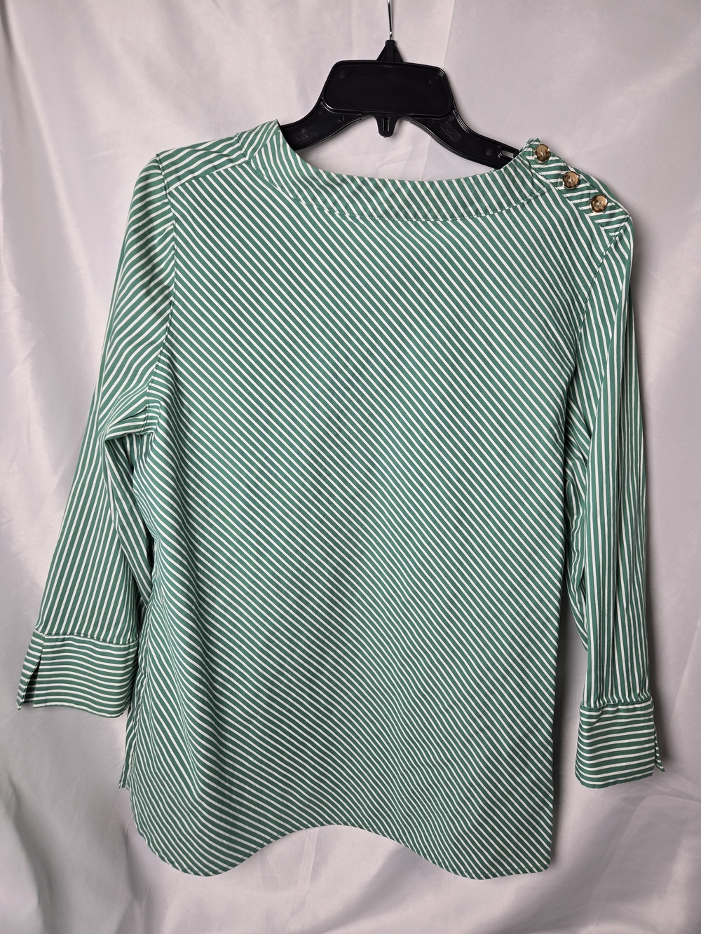 Chico's Mint Green and White Striped Button-Shoulder Top